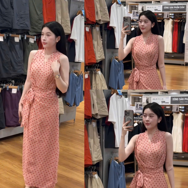 ZIMM STORE-Váy maxi sát nách cổ chữ v khoét sâu phối nơ eo họa tiết chấm bi