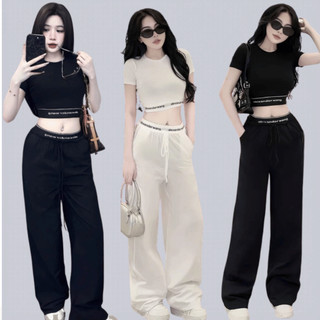 Cực Cháy Streetwear] Set Đồ Bộ Thể Thao Nữ Mei clothing shop - Áo Croptop Quần Suông - Viền Chun Chữ Siết Eo Hack Dáng