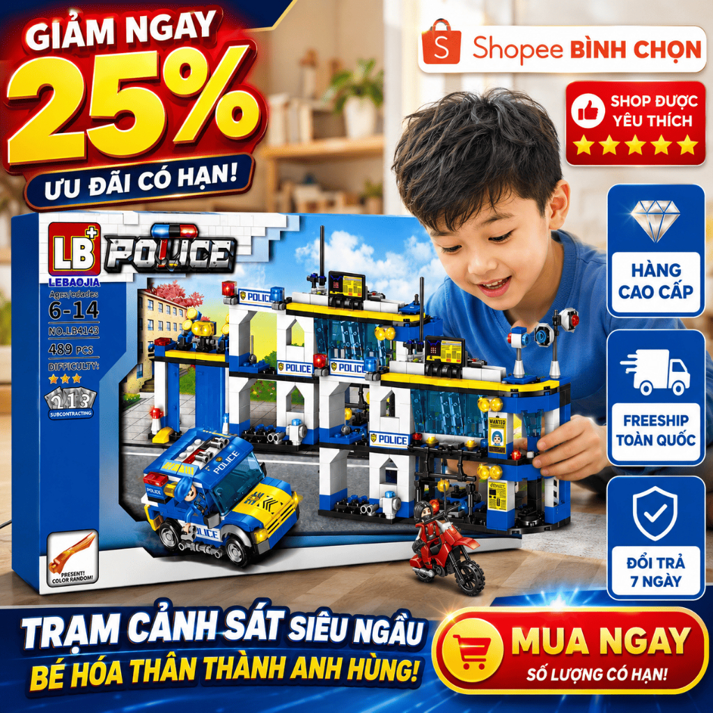 Bộ Lắp Ráp Đồn Cảnh Sát 489 Chi Tiết, Đồ Chơi Xếp Hình Police Cho Bé 6+, Đồ Chơi STEM