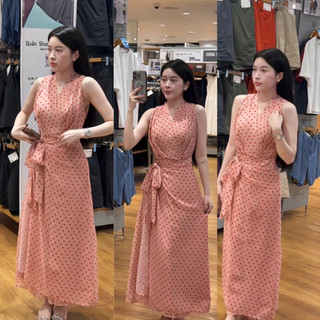 Váy voan sát nách cổ chữ v khoét sâu dáng dài họa tiết chấm bi phong cách vintage