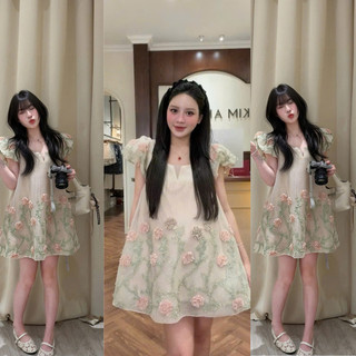 Đầm babydoll cổ rộng tay phồng ngắn đính hoa chất voan lưới