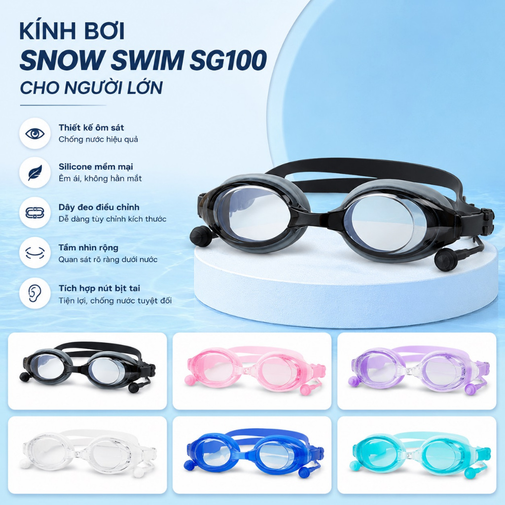 Kính Bơi Snow Swim SG100 Cho Người Lớn | Chống Nước Chống Mờ Chống Tia UV Tốt | Tích Hợp Bịt Tai | Có Hộp Đựng Đẹp