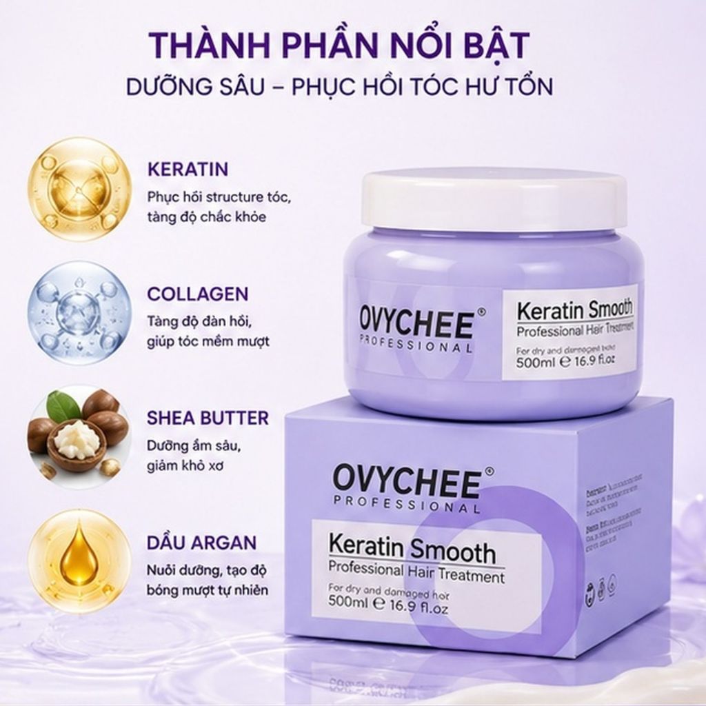 Hấp Phục Hồi Chuyên Sâu OVYCHEE Keratin Smooth 500ml | Mềm Mượt, Bóng Khỏe, Giảm Gãy Rụng