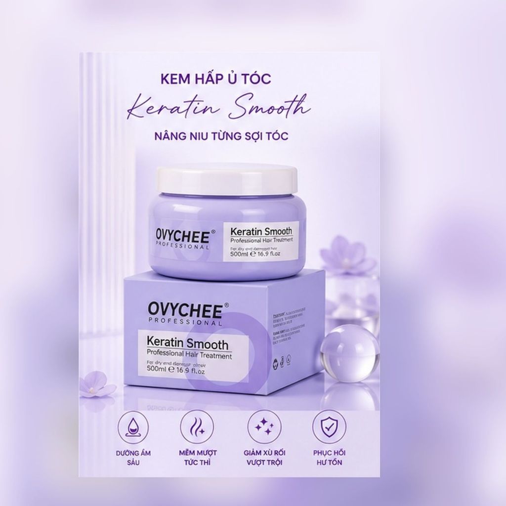 Hấp Phục Hồi Chuyên Sâu OVYCHEE Keratin Smooth 500ml | Mềm Mượt, Bóng Khỏe, Giảm Gãy Rụng