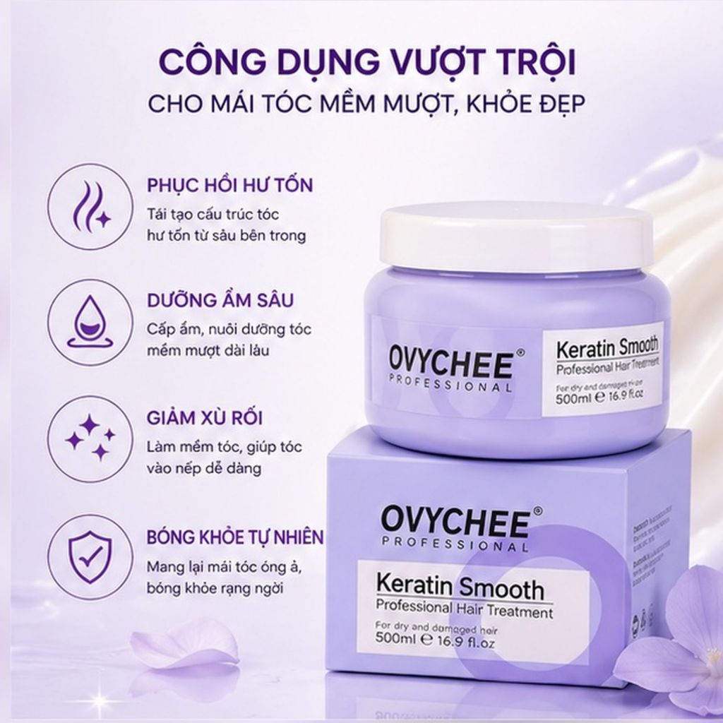 Hấp Phục Hồi Chuyên Sâu OVYCHEE Keratin Smooth 500ml | Mềm Mượt, Bóng Khỏe, Giảm Gãy Rụng