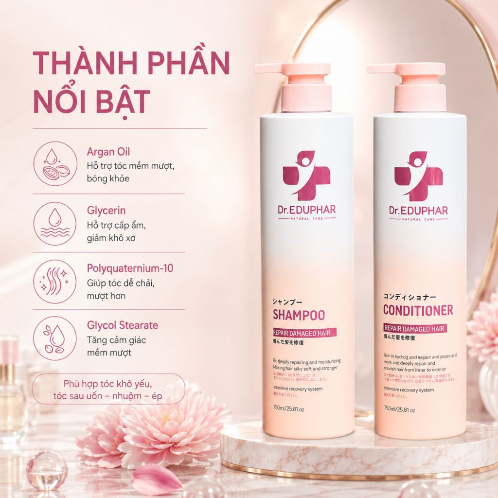 Dầu Gội Xả Thuần Chay Dr.EDUPHAR 750ml | Dưỡng Tóc Mềm Mượt, Bóng Khỏe Chuẩn Salon