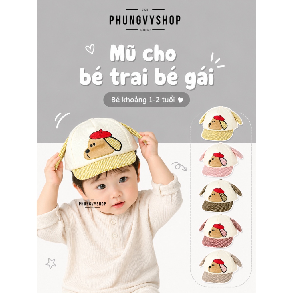 Bé 1-2 tuổi/ Mũ nón lưỡi trai trẻ em gái trai phungvyshop- / Kết nhí CHÓ ĐỘI MŨ HOẠ SĨ /