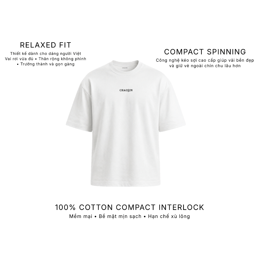 Áo Thun Nam Form Rộng Chaosin Signature Cao Cấp, 100% Cotton Compact Interlock, Form Relaxed Fit