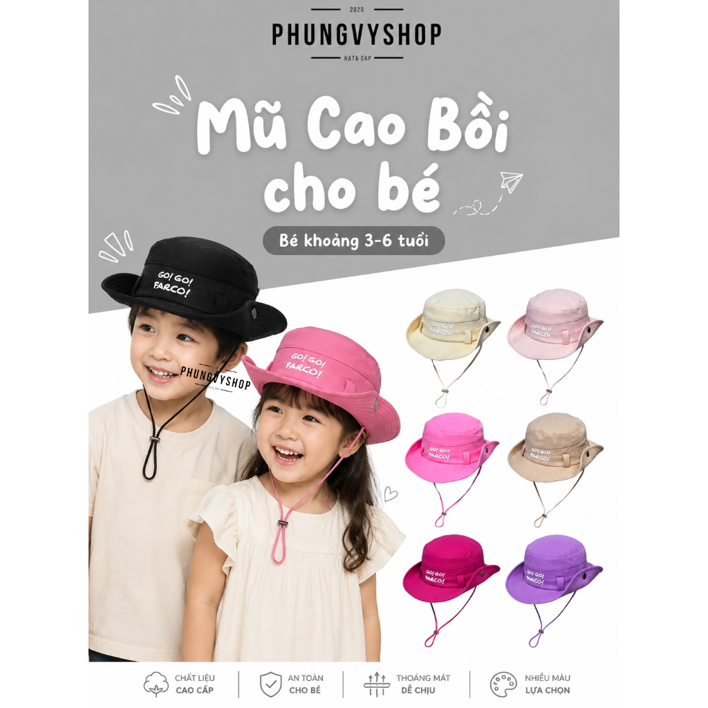 Bé 3-6 tuổi/ Mũ nón bucket tai bèo vành trẻ em gái trai phungvyshop- / Cao Bồi Trung GO /