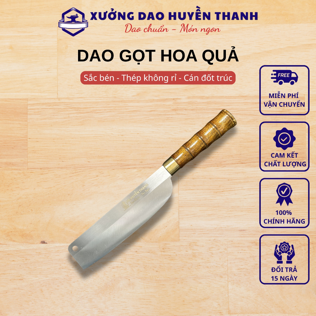 Dao Gọt Hoa Quả Thép Kháng Han Rỉ, XƯỞNG DAO HUYỀN THANH sắc bén chuyên gọt hoa quả trái cây tiện lợi cán đốt trúc.