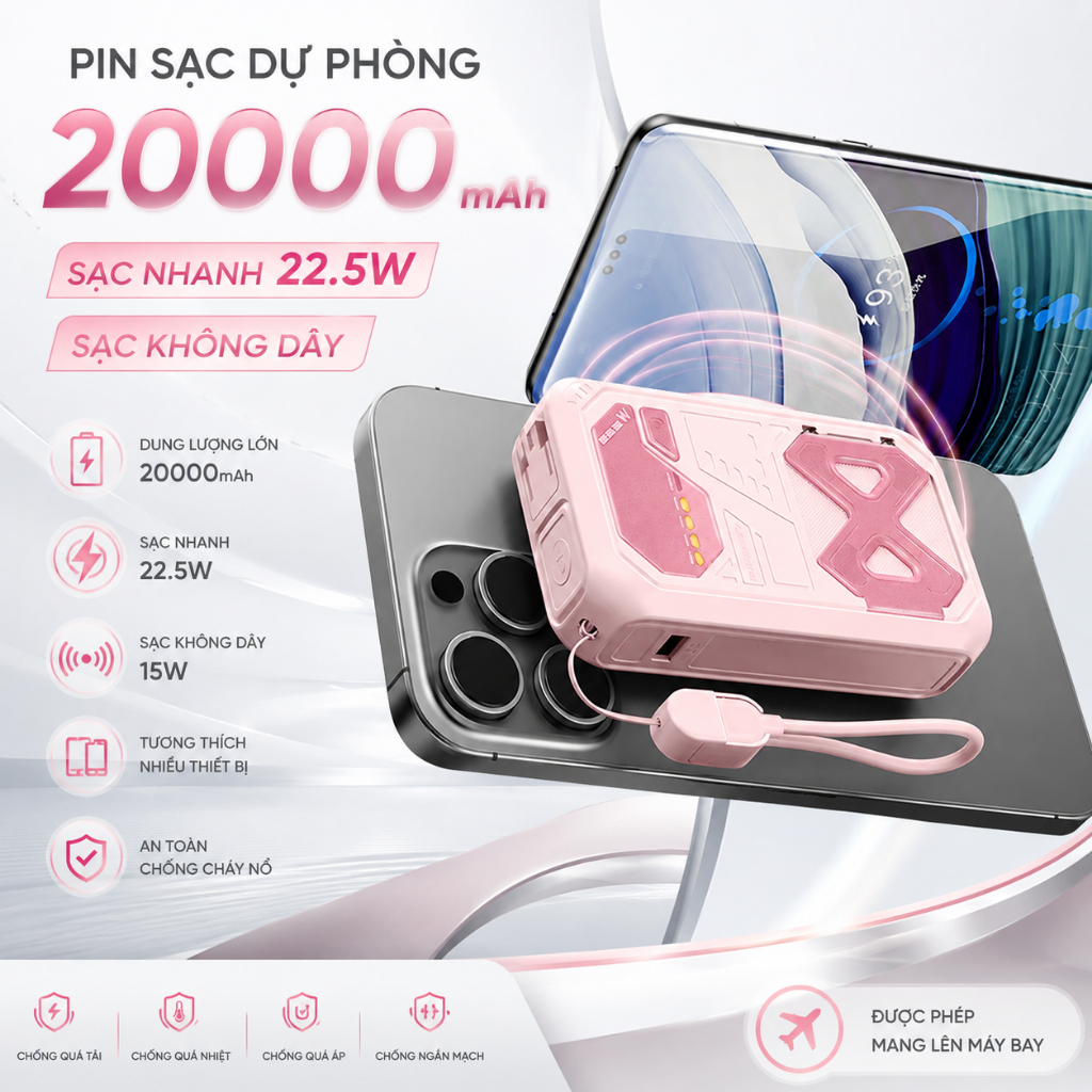 Sạc Dự Phòng Không Dây, Pin Dự Phòng Kiêm Củ Sạc Công Suất 22,5W 20000mAh, Sạc Cho Táo Và Android