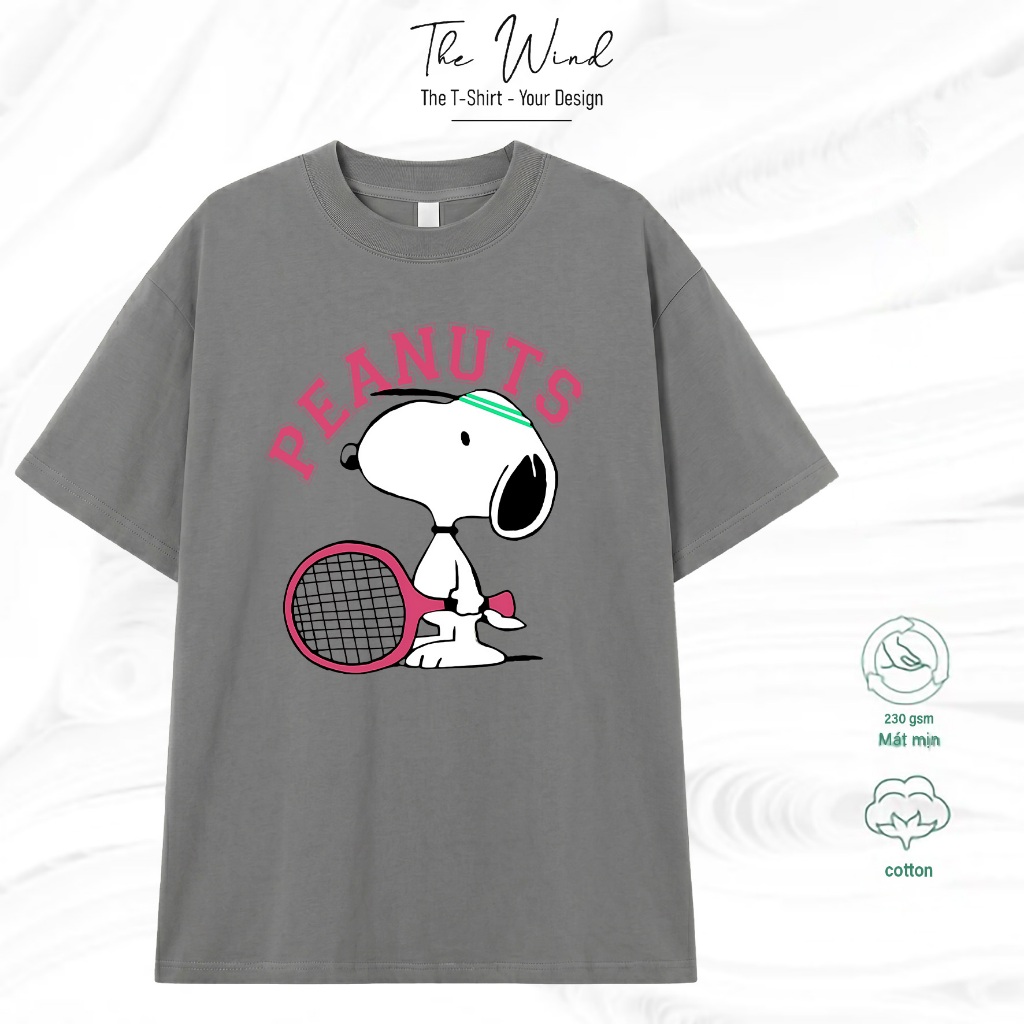 Áo thun in hình Snoopy đánh Tennis chữ Peanuts Form Dáng Rộng Cotton Cao Cấp Premium