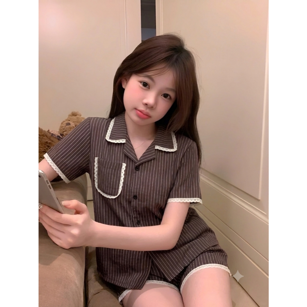 Đồ Bộ Pijama Nữ Đũi Bông Họa Tiết Kẻ Sọc, Bộ Ngủ Cộc Tay Phối Ren Xinh Xắn Mặc Nhà Cao Cấp CC06