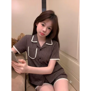 Đồ Bộ Pijama Nữ Đũi Bông Họa Tiết Kẻ Sọc, Bộ Ngủ Cộc Tay Phối Ren Xinh Xắn Mặc Nhà Cao Cấp CC06