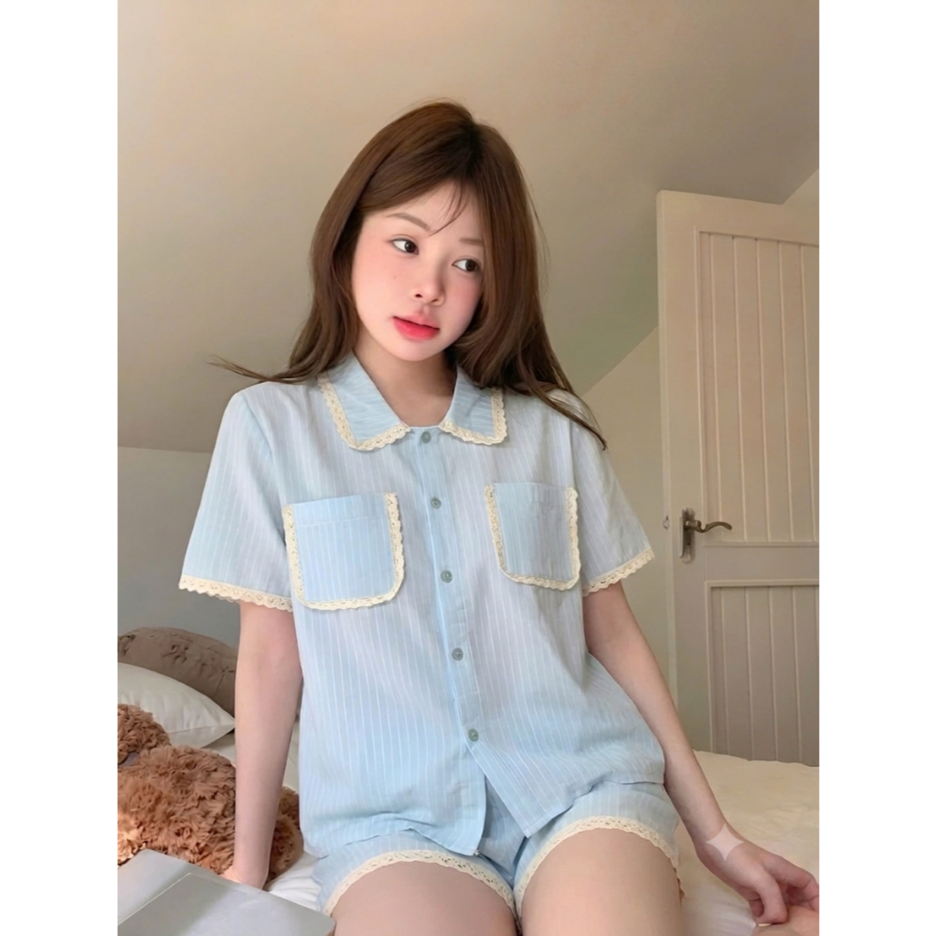 Đồ Bộ Pijama Nữ Đũi Bông Họa Tiết Kẻ Sọc, Bộ Ngủ Cộc Tay Phối Ren Xinh Xắn Mặc Nhà Cao Cấp CC06