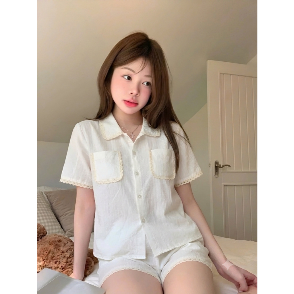 Đồ Bộ Pijama Nữ Đũi Bông Họa Tiết Kẻ Sọc, Bộ Ngủ Cộc Tay Phối Ren Xinh Xắn Mặc Nhà Cao Cấp CC06