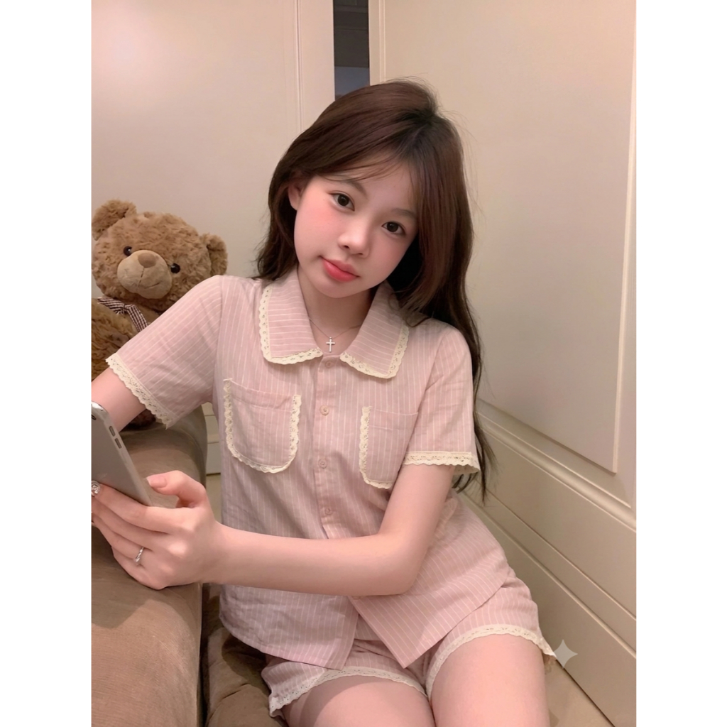 Đồ Bộ Pijama Nữ Đũi Bông Họa Tiết Kẻ Sọc, Bộ Ngủ Cộc Tay Phối Ren Xinh Xắn Mặc Nhà Cao Cấp CC06