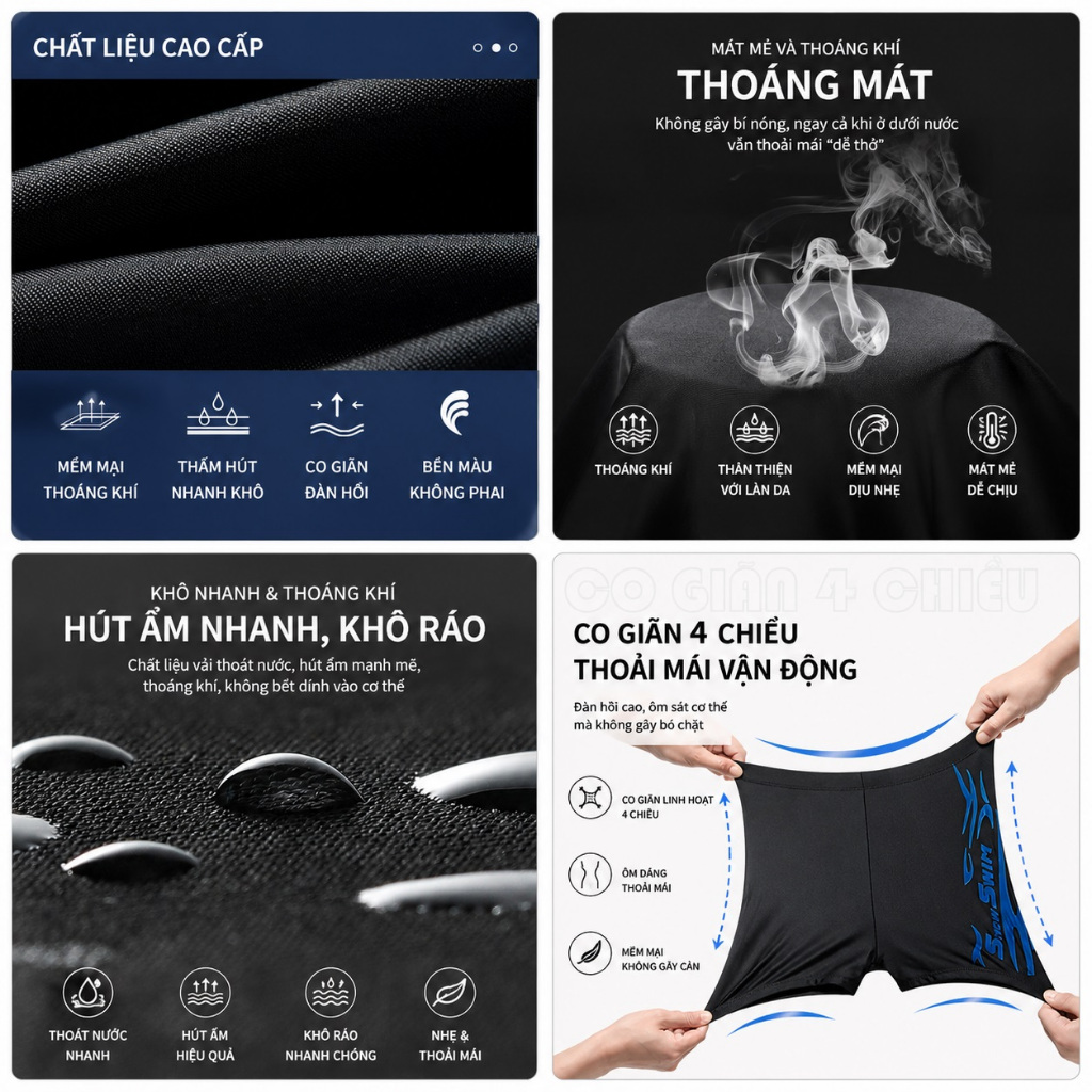 Quần Bơi Đùi Nam Boxer Snow Swim Cao Cấp | Co Giãn 4 Chiều Nhanh Khô Thoáng Khí | Size Từ 40-85kg
