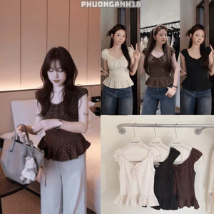 Áo kiểu nữ họa tiết chấm bi phối bèo đính nơ ngực tay nhún 5754 A224