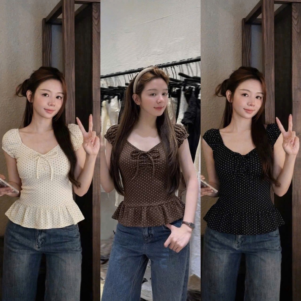 Áo kiểu nữ họa tiết chấm bi phối bèo đính nơ ngực tay nhún 5754 A224