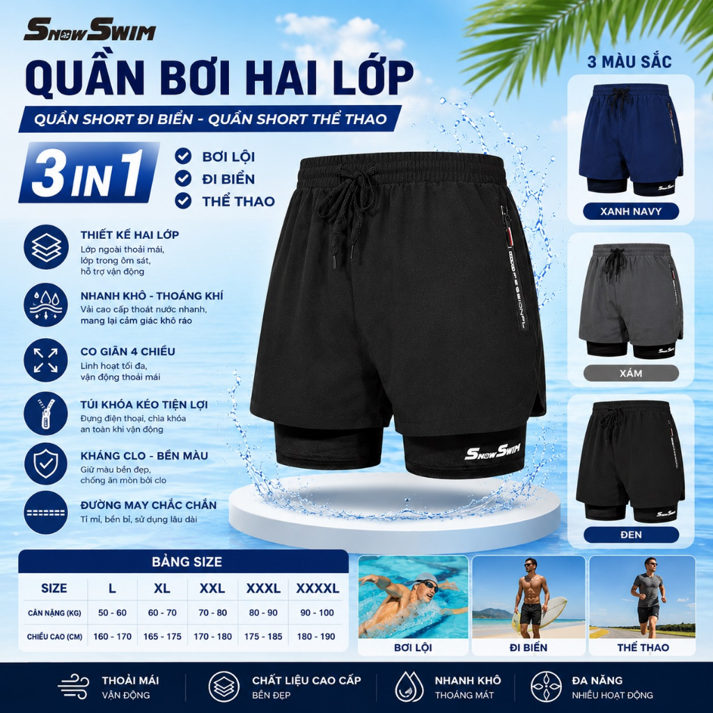 Quần Bơi Nam Hai Lớp Snow Swim 3IN1 Quần Short Đi Biển Quần Thể Thao Nhanh Khô Co Giãn Tốt