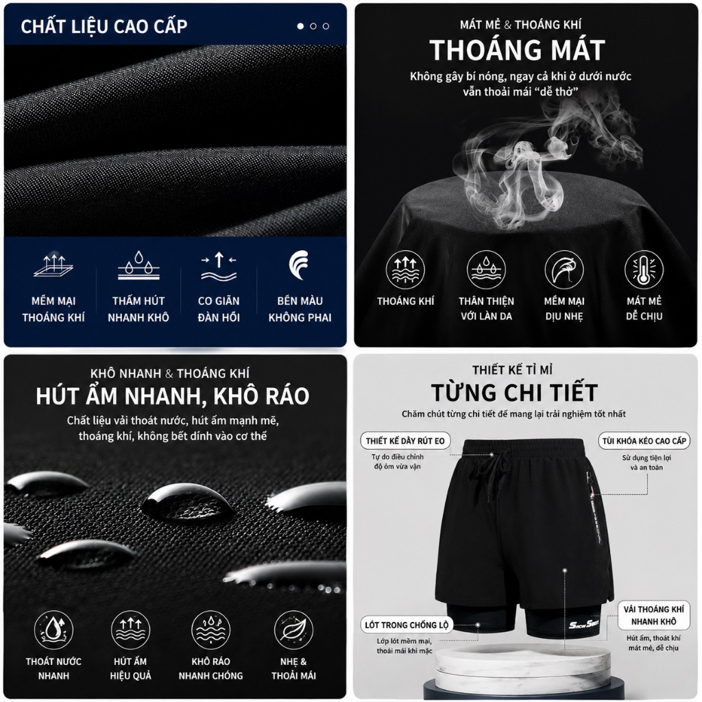 Quần Bơi Nam Hai Lớp Snow Swim 3IN1 Quần Short Đi Biển Quần Thể Thao Nhanh Khô Co Giãn Tốt