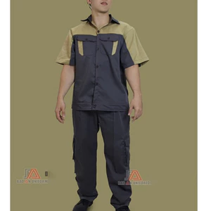 BỘ QUẦN ÁO BẢO HỘ LAO ĐỘNG NGẮN TAY MÀU XÁM PHỐI KEM - VẢI KAKI 65 - ĐỒ KỸ THUẬT VIÊN XƯỞNG DỊCH VỤ