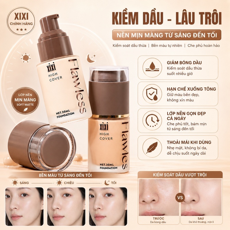 Kem Nền Che Phủ Cao XIXI Mỏng Nhẹ Tự Nhiên, Lâu Trôi 12H, Kiềm Dầu Không Mốc, Foundation Cho Mọi Loại Da D754