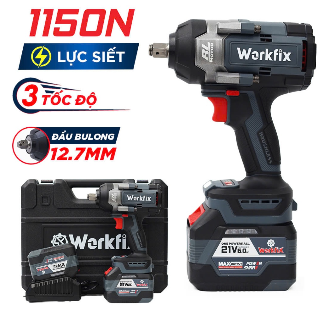 Máy Siết Bulong  Workfix WF-IW1150N Lực Khủng, Chuyên Siết Bulong Không chổi than Lõi Đồng