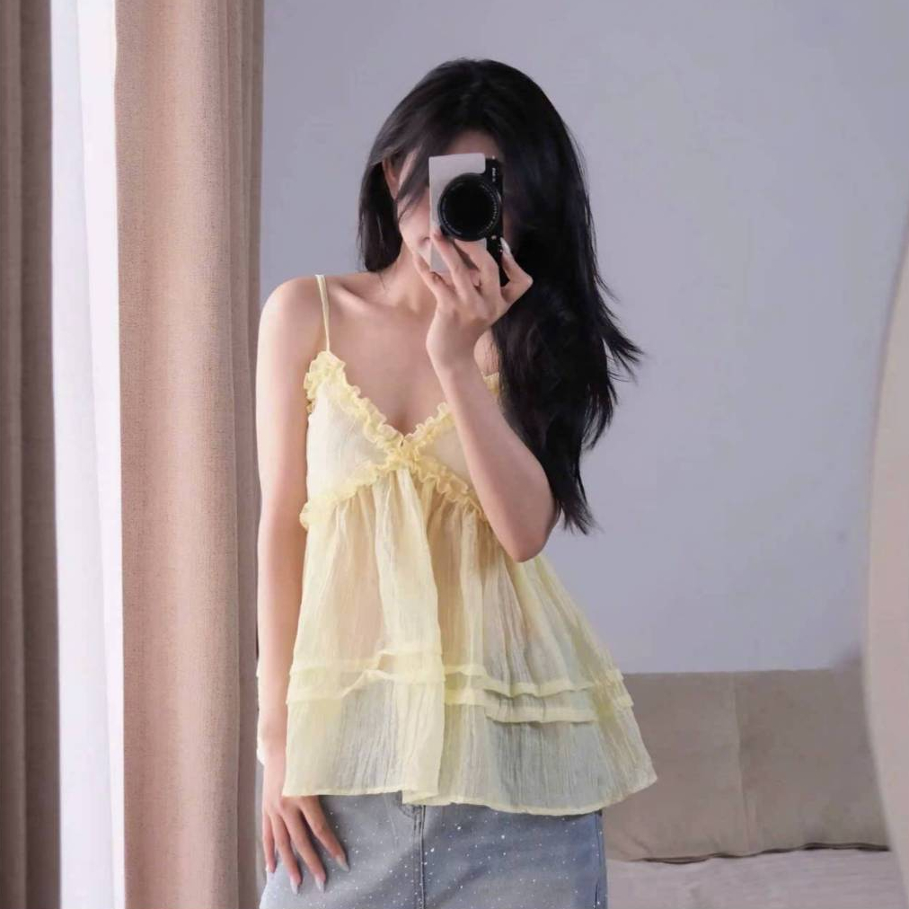 Áo hai dây tơ nhăn mỏng nhẹ chun lưng, áo đi biển du lịch LABEL A149