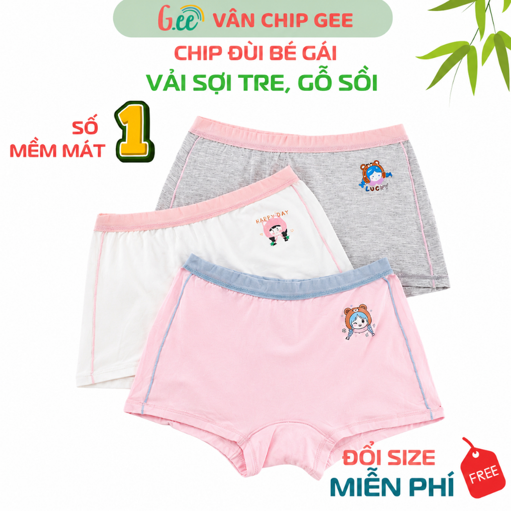 Set 3 chip đùi bé gái Gee vải sợi tre mềm mát mặc nhe như không cho bé tập mặc size 10-60kg
