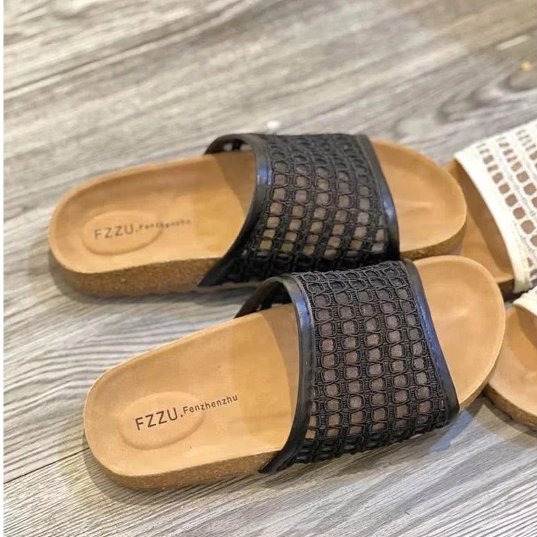 Dép Lưới Quai Ngang, Dép Lưới Nữ Thoáng Mát Hai Màu Kem Đen N71 || Anshoes Dynasty