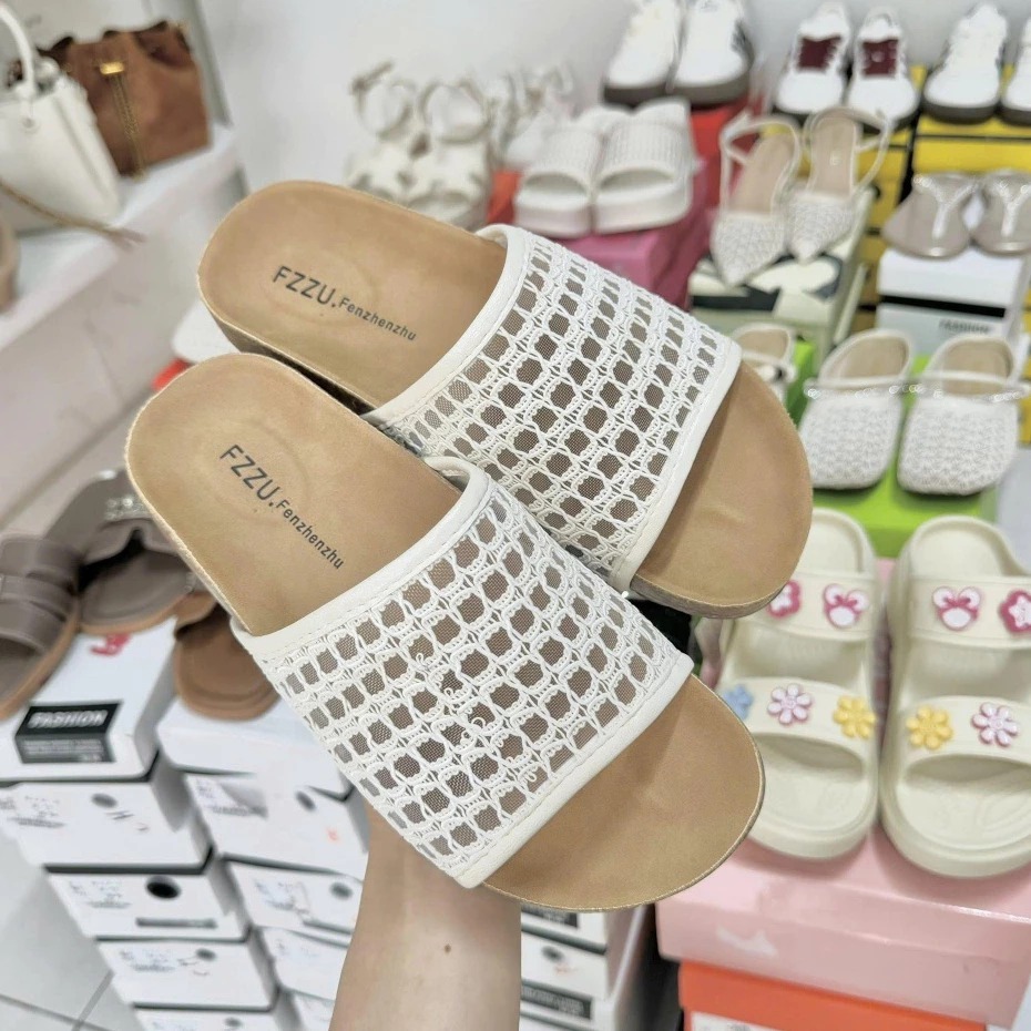 Dép Lưới Quai Ngang, Dép Lưới Nữ Thoáng Mát Hai Màu Kem Đen N71 || Anshoes Dynasty