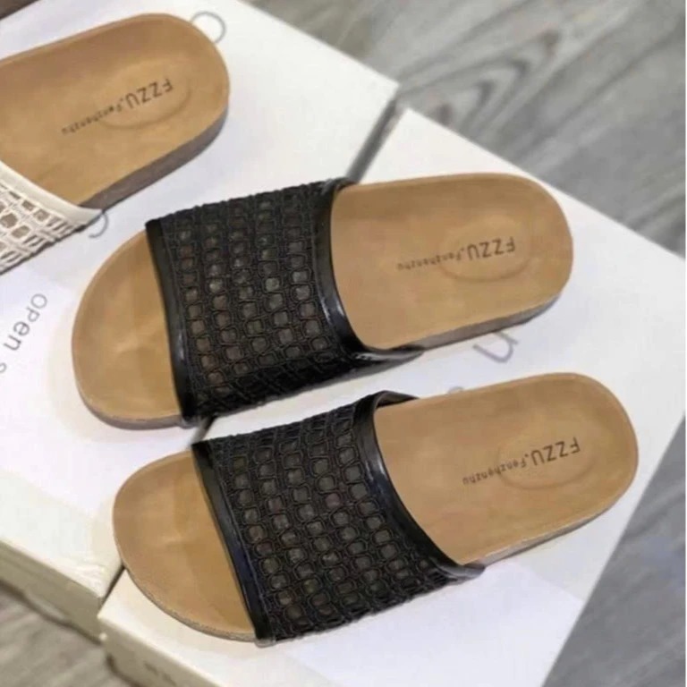 Dép Lưới Quai Ngang, Dép Lưới Nữ Thoáng Mát Hai Màu Kem Đen N71 || Anshoes Dynasty