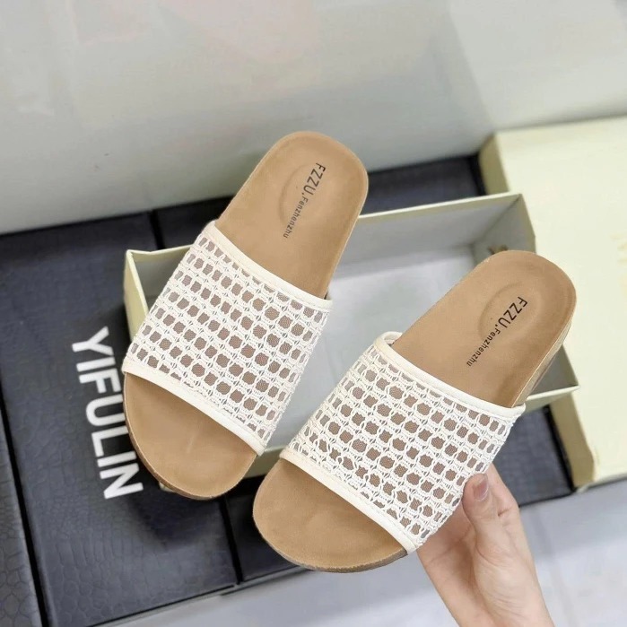 Dép Lưới Quai Ngang, Dép Lưới Nữ Thoáng Mát Hai Màu Kem Đen N71 || Anshoes Dynasty