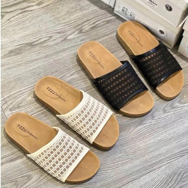 Dép Lưới Quai Ngang, Dép Lưới Nữ Thoáng Mát Hai Màu Kem Đen N71 || Anshoes Dynasty