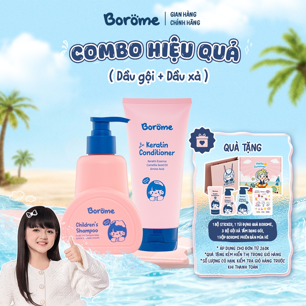 [ Combo HIỆU QUẢ ] Combo dầu gội + dầu xả trẻ em Borome gấp đôi Keratin giúp tóc suôn mượt, chắc khỏe, dung tích 335ml