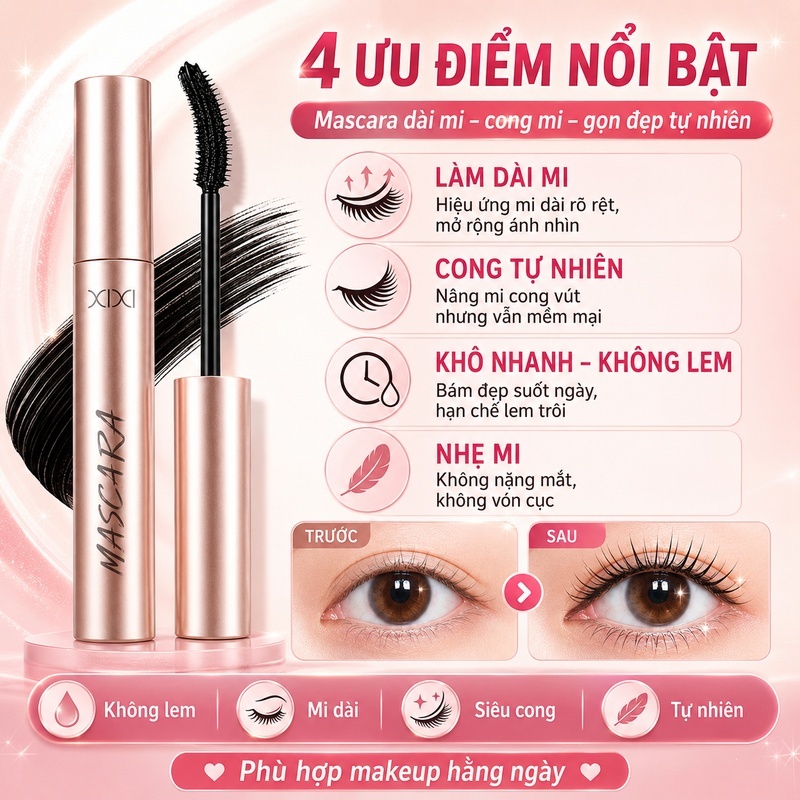 XIXI Mascara Làm Cong Mi Tự Nhiên, Không Vón Cục, Chống Lem, Làm Dày & Dài Mi .D762