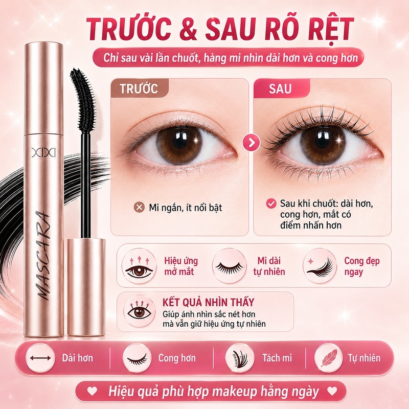 XIXI Mascara Làm Cong Mi Tự Nhiên, Không Vón Cục, Chống Lem, Làm Dày & Dài Mi .D762