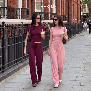 THEKIM Set Áo thun trơn cổ tròn và quần suông dài phối dây rút chất liệu rib cotton mềm CS400