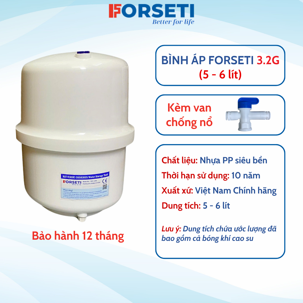 Bình Áp Cho Máy Lọc Nước RO Thương Hiệu Forseti 3.2 (8L), 4.0 (10L) và 5.0 (12L) Kèm Van Bảo Hành 12 Tháng
