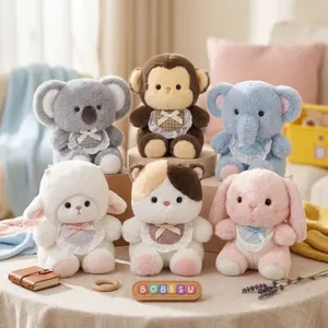 Gấu Bông Động Vật Mini Đeo Yếm Caro Dễ Thương, Thú Nhồi Bông Mèo,Cừu, Voi,Thỏ,Khỉ Size Nhỏ Mềm Mại Quà Tặng Cho Bé
