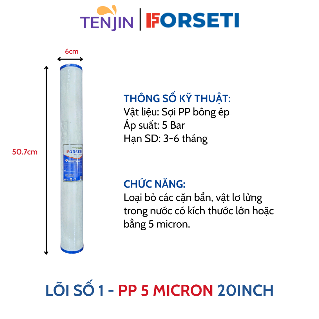 Lõi Lọc Thô PP Số 1 20 INCH Cấu Tạo Từ Bông PP Ép 5 Micron Loại Bỏ Tạp Chất Lọc Đầu Nguồn Cho Nước Sinh Hoạt