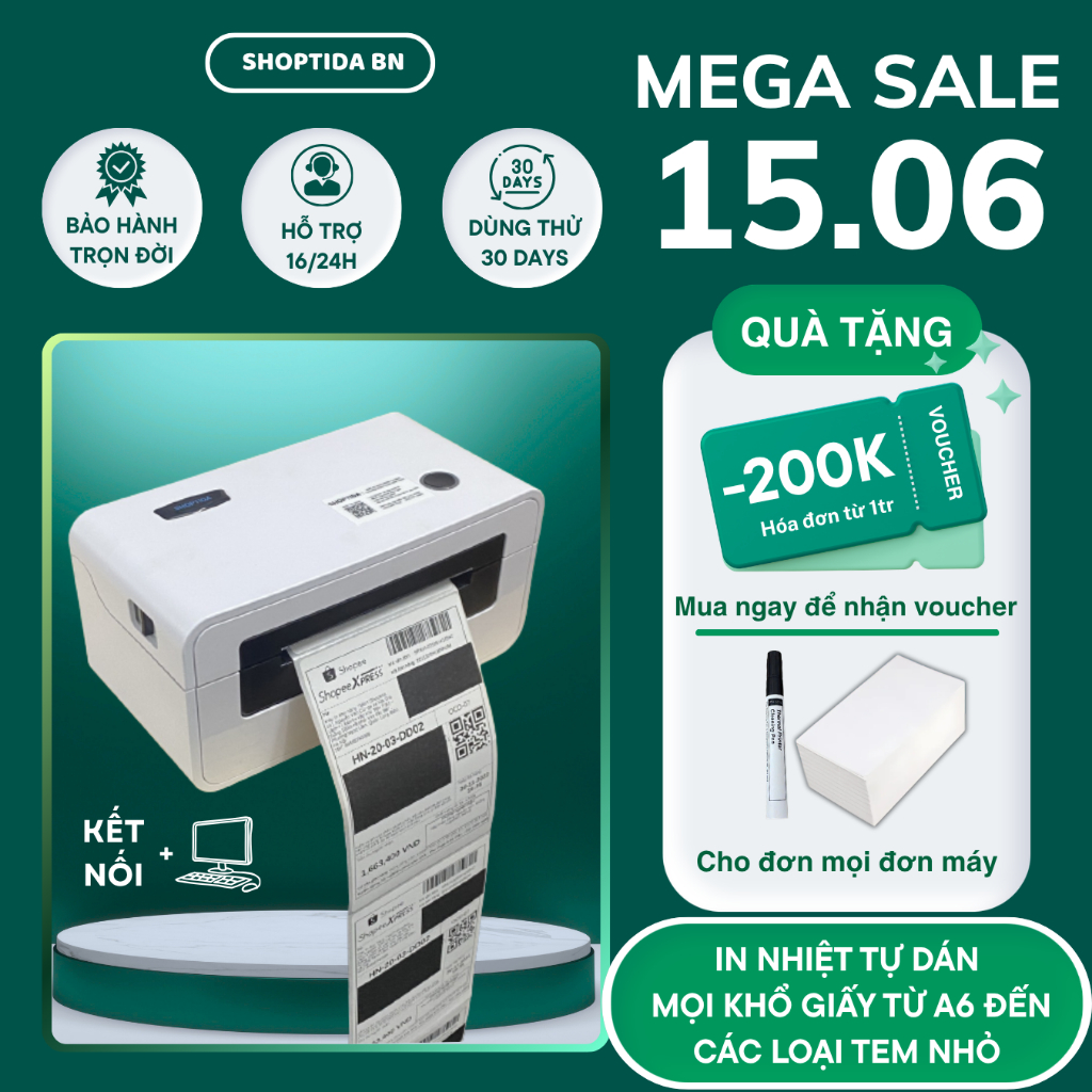 Máy in đơn hàng Shoptida SP46 in đơn hàng khổ a6, a7, phiếu gửi, minicode, logo tự dán, bảo hành 12 tháng