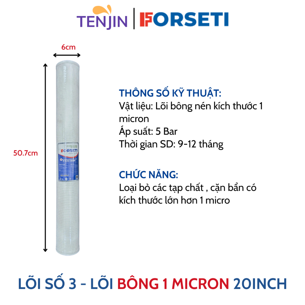 Lõi Lọc Số 3 20 INCH Bông PP 1 Micron Loại Bỏ Tạp Chất Nhỏ, Rong Rêu Trong Nước - Lọc Nước Đầu Nguồn