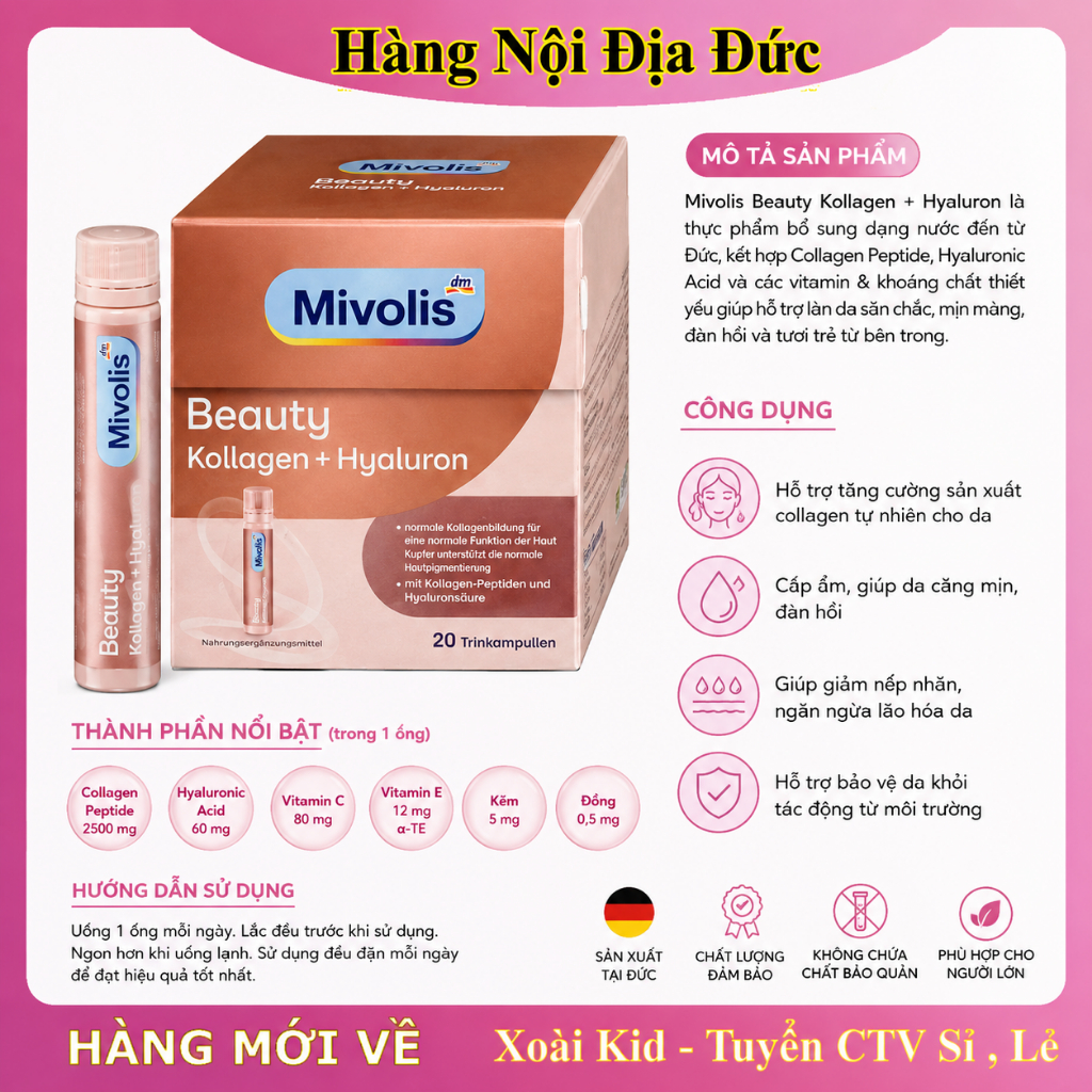 [HÀNG NỘI ĐỊA ĐỨC] - NƯỚC UỐNG COLLAGEN VÀ HYALURON MIVOLIS – 500ML (20 ỐNG x 25ML)