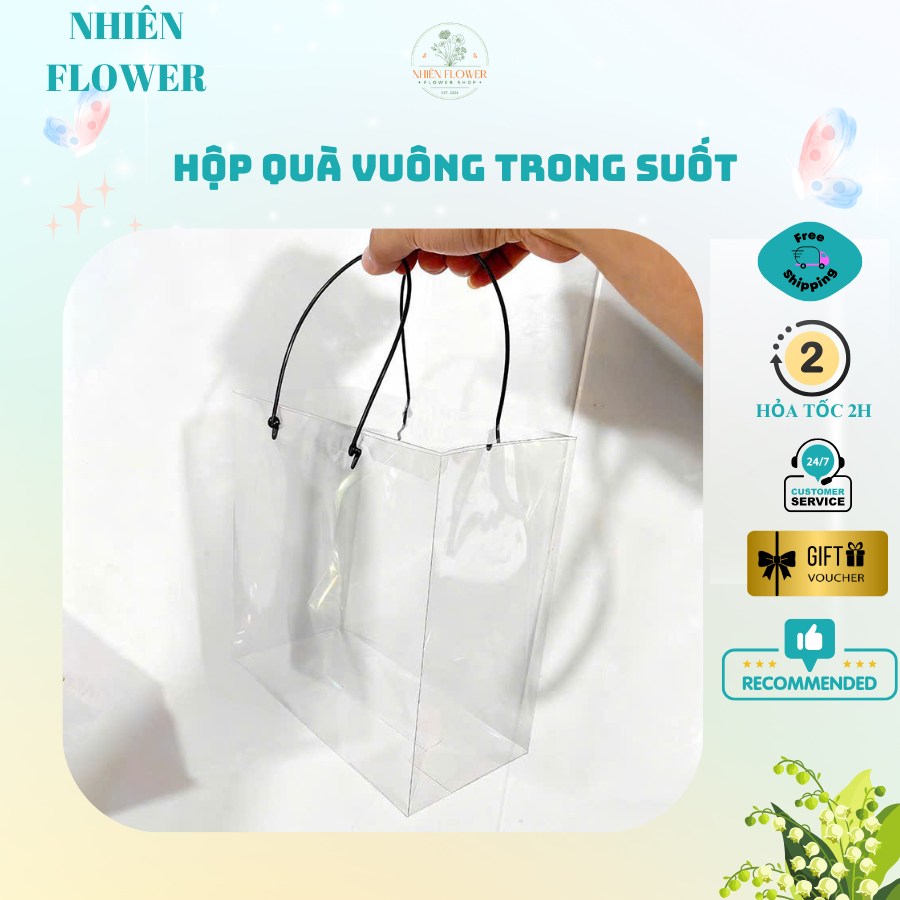 Hộp Quà Tặng Mica Vuông Quai Đen Chắc Chắn Đựng Hoa Sáp, Hoa Kẽm Nhung, Quà Handmade, Bánh Kẹo