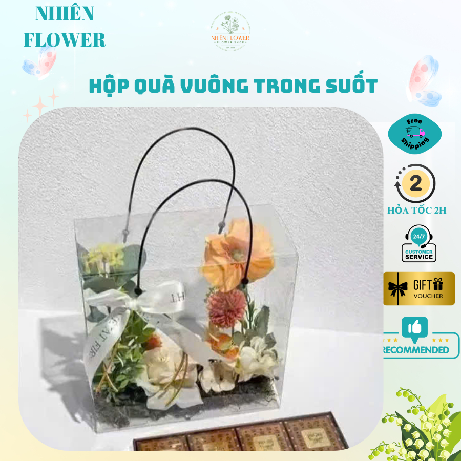 Hộp Quà Tặng Mica Vuông Quai Đen Chắc Chắn Đựng Hoa Sáp, Hoa Kẽm Nhung, Quà Handmade, Bánh Kẹo