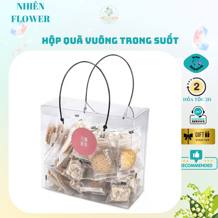 Hộp Quà Tặng Mica Vuông Quai Đen Chắc Chắn Đựng Hoa Sáp, Hoa Kẽm Nhung, Quà Handmade, Bánh Kẹo