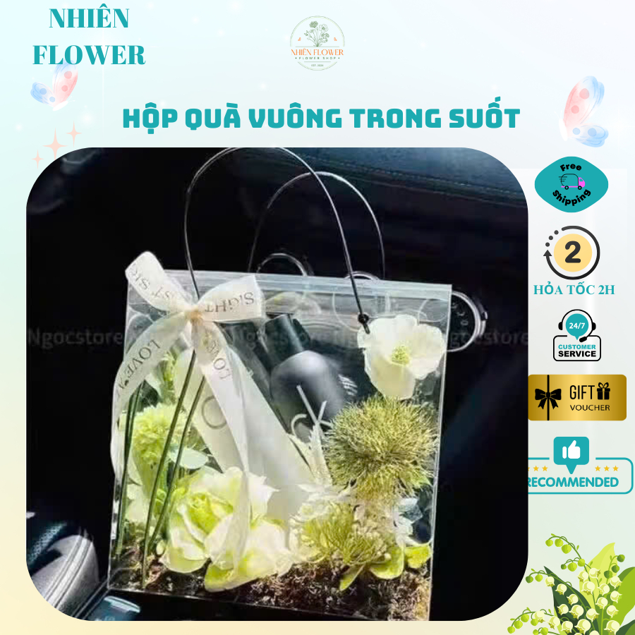 Hộp Quà Tặng Mica Vuông Quai Đen Chắc Chắn Đựng Hoa Sáp, Hoa Kẽm Nhung, Quà Handmade, Bánh Kẹo